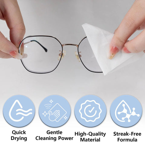 Front view of gold-rim eyeglasses being wiped by tissue; Giaceaw 500ct pre-moistened lens wipes, individually wrapped.