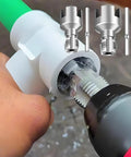 2pc Dual Function Pipe Threader Tool Set For Pvc Pipe 1/2 Inch 3/4 Inch And 1 Inch Die Compatible With Electric Drill For Home Plumbing Repairs showing threading in action.