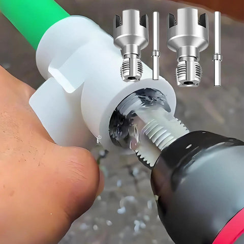 2pc Dual Function Pipe Threader Tool Set For Pvc Pipe 1/2 Inch 3/4 Inch And 1 Inch Die Compatible With Electric Drill For Home Plumbing Repairs showing threading in action.