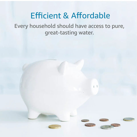 White piggy bank with coins, text 'Efficient & Affordable' above for CF07 Water Filter Replacement For Brita Mavea Maxtra NSF TÜV SÜD Certified.