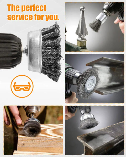 5 Piece Drill Wire Brush Set With One Quarter Inch Hex Shank Heavy Duty Carbon Steel Crimped Bristles For Rust Busting Removal