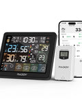 Smart Wi Fi Weather Station With App Control And 8 Inch Display Indoor Outdoor Thermometer Sunset Sunrise Time PM2.5 AQI UV Index Four Alarm Clock 2.4 GHz Wi Fi Compatible showing display, sensor, and mobile app interface.