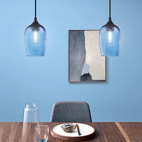 Dining area with Three Pack Pendant Lights Set for Kitchen Island Hand Blown Seeded Blue Glass Shades in Black Finish Modern Farmhouse Ceiling Fixtures for Over Sink and Dining Areas Dimmable UL Listed Lighting