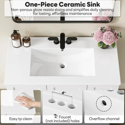 Modern 36 Inch Bathroom Vanity With Integrated Sink And Effortless Soft Close Drawers White Engineered Wood Cabinet with one-piece ceramic sink.