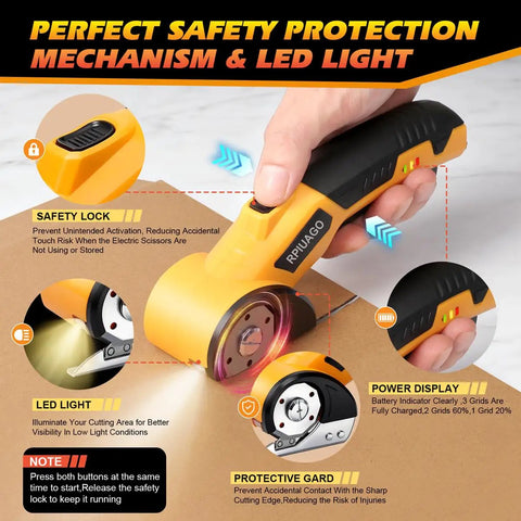 Heavy Duty Cordless Electric Scissors With 3000mAh Battery For Cutting Cardboard Boxes And Packing Tape Fast USB C Rechargeable Power Tool with safety lock and LED light.