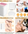 All In One Lash Extension Practice Kit For Beginners With Mannequin Head And USB Lash Fan Includes Glue Remover 0.07D Mixed Lashes Tweezers Practice Lashes And Disposable Wraps For Realistic Training, showing cleaning wipes, plastic wrap, and lash holder plate.
