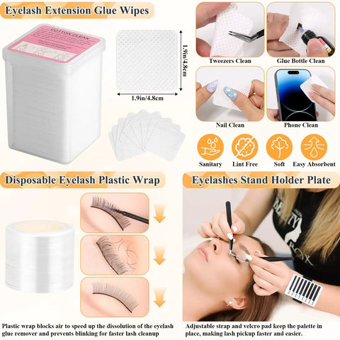 All In One Lash Extension Practice Kit For Beginners With Mannequin Head And USB Lash Fan Includes Glue Remover 0.07D Mixed Lashes Tweezers Practice Lashes And Disposable Wraps For Realistic Training, showing cleaning wipes, plastic wrap, and lash holder plate.