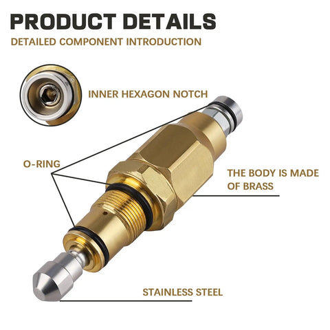 Pressure Washer Pump Unloader Valve Rebuild Kit with brass body, stainless steel tip, O-ring, inner hexagon notch