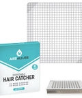 25 Pack Disposable Shower Drain Hair Catcher Peel And Stick Drain Strainer To Catch That Hair Quick And Stop Pesky Clogs Fast With Heavy Duty Waterproof Adhesive For Bathroom And Tub 6 Inch Square Cover alongside packaging.