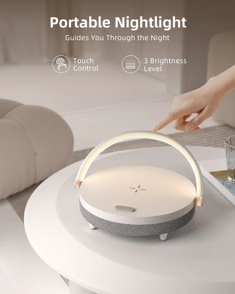 4 In 1 Bedside Lamp With Bluetooth Speaker Dimmable Night Light Charging Station And Phone Holder on table
