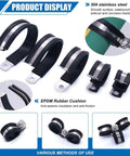 Cable clamps assortment kit, 110 pcs, 304 stainless steel with EPDM rubber cushions; 10 sizes for automotive wiring.