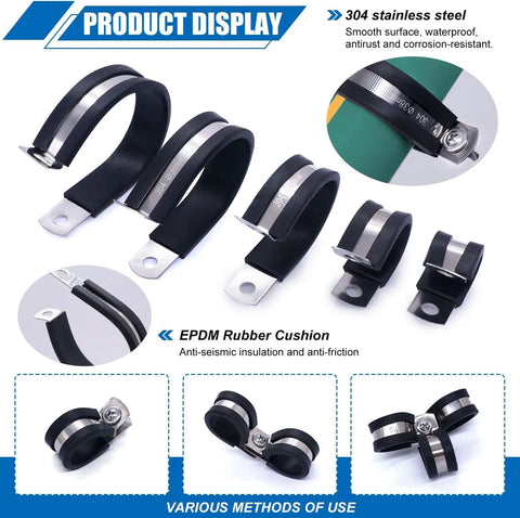 Cable clamps assortment kit, 110 pcs, 304 stainless steel with EPDM rubber cushions; 10 sizes for automotive wiring.