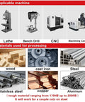Images of applicable machines for Rock Solid 5 Piece Combined Center Drill Set, including lathe, bench drill, CNC, and materials like wood, steel.