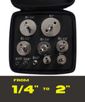 Front view of Drilax 10-piece diamond hole saw set with guide in a black storage case; diameters 1/4"–2"