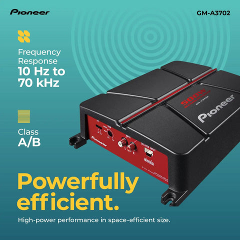 Front view of GM-A3702 2 Channel Car Amplifier With 500W Max Power Class AB Bridgeable Design, frequency response 10Hz-70kHz.