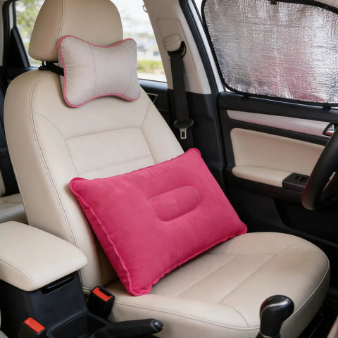 Inflatable Neck And Lumbar Support Pillow For Office Travel Car Camping And Hiking Super Comfy Easy To Inflate With Adjustable Firmness Ideal For Long Naps Rose Red on car seat