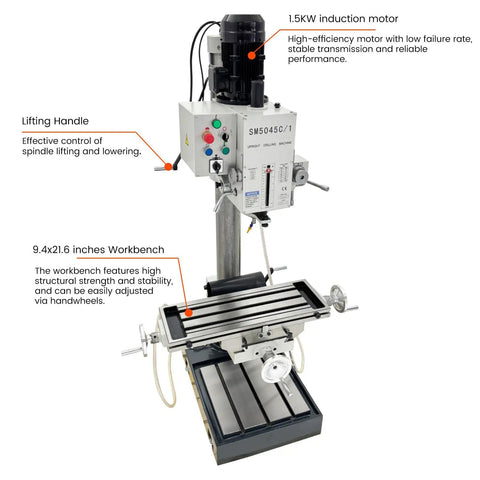Gear Head Drill Press 220V 3 Phase 1.5KW Powerhouse with lifting handle and 9.4x21.6 inches workbench in one setup.