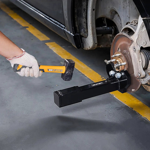 Wheel Bearing Hub Removal Tool Kit For 5, 6, And 8 Lug Hubs Universal Wheel Hub Buster Puller with nuts and washers in use on vehicle.
