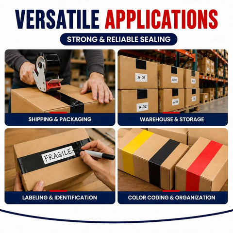 Heavy Duty Black Packing Tape, 2 Inch By 110 Yards, Acrylic Adhesive Box Sealing Roll on package during shipping applications.