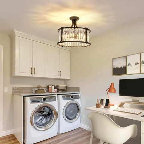 Six Light Black Semi Flush Mount Crystal Chandelier Modern Ceiling Light Fixture For Living Room Dining Room Kitchen