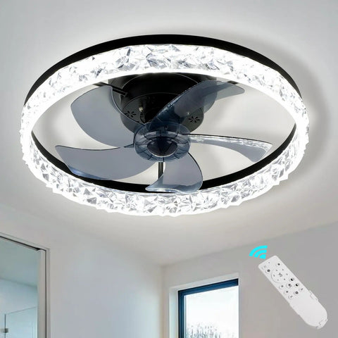 Modern 18 Inch Ceiling Fan With Lights And Remote, Dimmable LED, bladeless design in black finish, low profile mount
