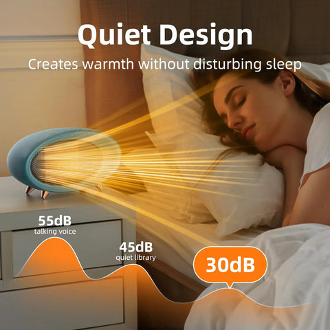 Olive Green 600W Compact Desk Space Heater With Fast 2 Second Heat And Auto Safety Shutoff And Tip Over Protection next to sleeping woman.