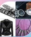 Killer Silver Cone Spike Studs 30 Piece Screw Back Rivet Kit 40Mm And 20Mm Punk Leather Hardware on a spiked leather strap and jacket.