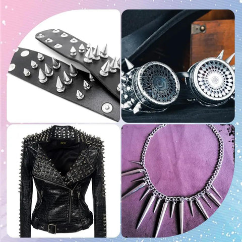Killer Silver Cone Spike Studs 30 Piece Screw Back Rivet Kit 40Mm And 20Mm Punk Leather Hardware on a spiked leather strap and jacket.