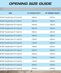 Opening size guide table for double door track kits with corresponding widths and heights