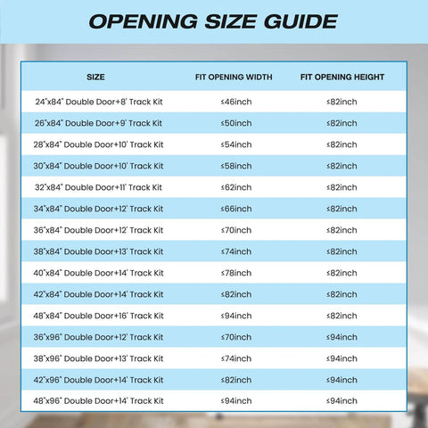 Opening size guide table for double door track kits with corresponding widths and heights