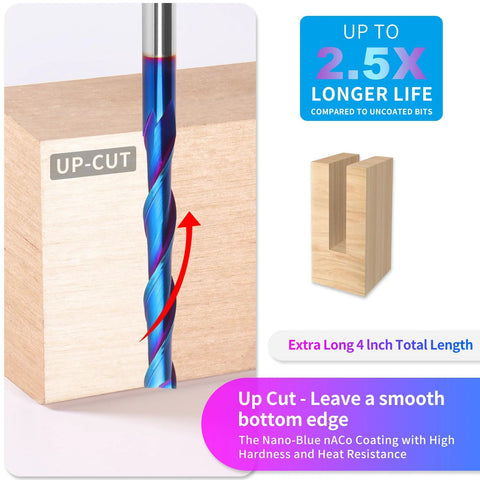 Upcut spiral router bit, 4-inch length, 1/4-inch shank and cutting diameter, solid carbide with NACO coating for wood