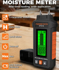 5 In 1 Moisture Meter For Wood And Building Materials With Three-Color Alert, Five Detection Modes, High-Precision Probe Built For DIYers In Woodworking, Construction, Mold Prevention And More on wood table