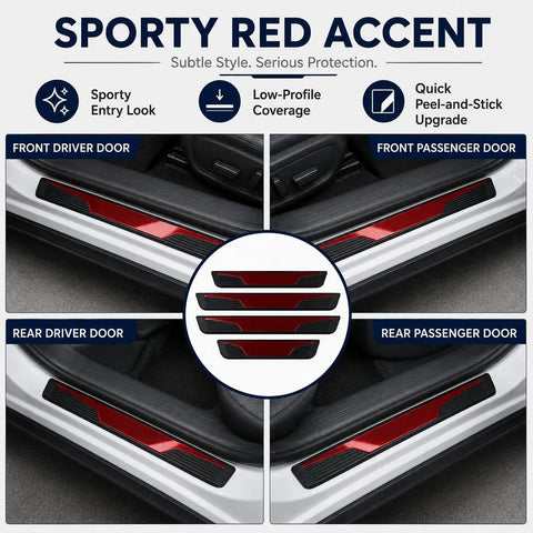 Ford Edge Door Sill Guards 4 Piece Set Glossy Red Peel And Stick Entry Trim Protectors for front and rear doors.