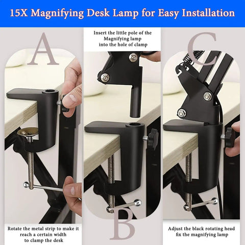 Installation steps for 15X Magnifying Desk Lamp With Clamp Real Glass Lens 84 LED Illumination assembly