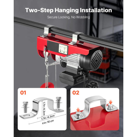 Two-step hanging installation for 440 Lb Electric Hoist With 110V Power, Zinc Plated Steel Wire, 39.4 Ft Lift Range And 14 Ft Remote Control