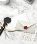 Three Piece Letter Opener Envelope Slitter And Desk Scissors Set With Leather Case For Office Desk Use Gold Plated Handles And Durable Steel Blades Italian Made displayed with envelope and letters