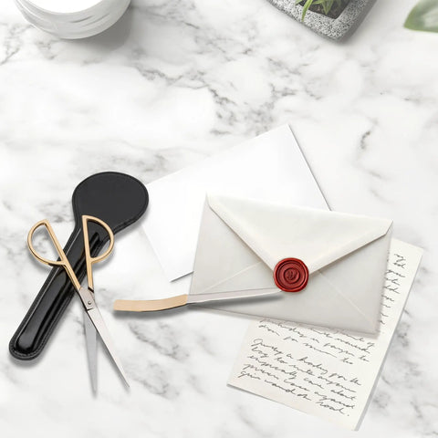 Three Piece Letter Opener Envelope Slitter And Desk Scissors Set With Leather Case For Office Desk Use Gold Plated Handles And Durable Steel Blades Italian Made displayed with envelope and letters