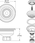 Polymer Drain Fitting With Removable Basket Strainer And Rubber Stopper Dusk Gray Color dimensions and assembly diagram