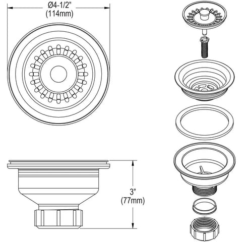 Polymer Drain Fitting With Removable Basket Strainer And Rubber Stopper Dusk Gray Color dimensions and assembly diagram