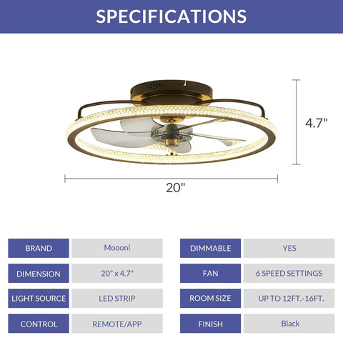 20 Inch Low Profile Ceiling Fan With Lights And Remote Dope Black Finish Modern Ceiling Fan for bedroom