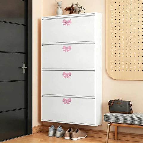 12 Piece Pink Bow Dresser Knob Set For Cabinets And Drawers installed on white cabinet in modern room decor style