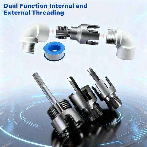 Three Piece Pipe Threading Tool Kit With 1/2, 3/4, And 1 Inch Alloy Steel Dies For PVC Plastic Pipes And Electric Drill Compatibility