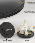 Rock Solid 12 Inch Black Oak Lazy Susan Turntable Tray with iron frame and raised edges for secure storage and smooth rotation.