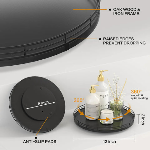 Rock Solid 12 Inch Black Oak Lazy Susan Turntable Tray with iron frame and raised edges for secure storage and smooth rotation.