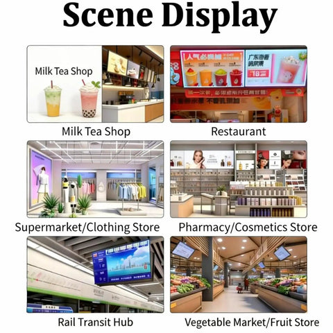 Various retail scene displays showcasing Next Level Digital Signage Media Player Lcd Monitor Crushing It With Hdmi Usb And Wifi Plug And Play.