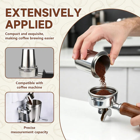 Hand using Stainless Steel 51mm Coffee Dosing Cup For Espresso Machines to pour coffee grounds into a portafilter, barista tool.