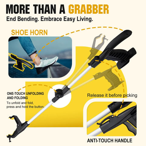 32 Inch Grabber Reacher Tool 2 Pack Foldable Pickup Tool With 360 Degree Rotating Jaw And Magnet Trash Picker For Seniors Shoehorn Design Bend Free Helper For Easy Litter And Dropped Item Pickup