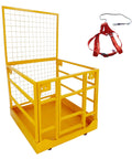 Forklift safety cage with wheels, yellow steel frame, 43x45 in, includes red safety harness