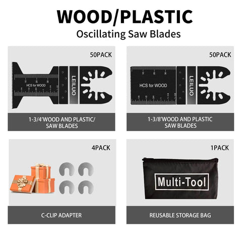 100 Piece Multitool Blade Kit For Wood Nails And Drywall Cutting Universal Oscillating Saw Blades With Storage Bag, blade sizes and storage bag shown.
