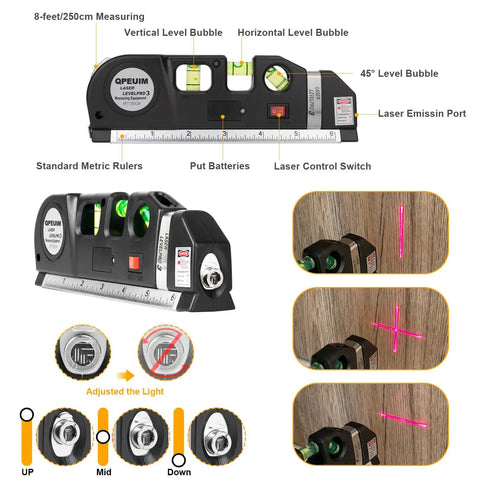 Must Have Multipurpose Laser Level Tool Kit With Cross Line Beam Self Leveling Line Leveler And Metric Rulers for indoor use